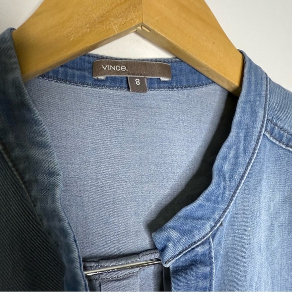 Vince Blue Chambray Long Sleeve Split Neck Line Top Shirt Size 8 - Picture 5 of 7